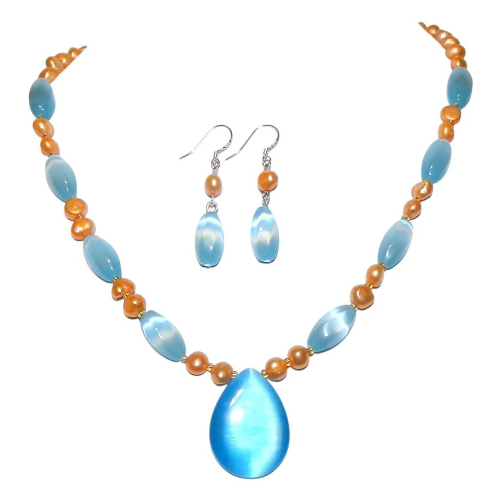 New Handmade Blue Cats Eye Teardrop Pendant Pearl Silver Necklace Earrings GN135